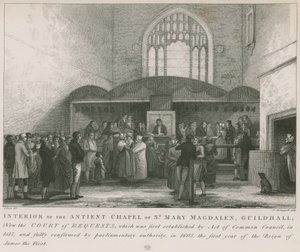Interiör av det gamla kapellet St Mary Magdalene, Guildhall (gravyr) av George Jones
