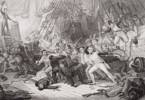Nelson går ombord på San Josef i slaget vid St. Vincent, 14 februari 1797, från "Illustrationer av engelsk och skotsk historia" volym II av George Jones