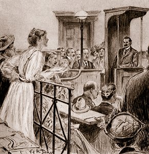 Christabel Pankhurst frågar Herbert Gladstone, 1909 (teckning)