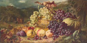 Stilleben med frukt i ett landskap, ett jaktsällskap bortom, 1859