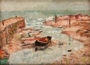 Beached Boats, Lower Largo (olja på panel) av George Leslie Hunter