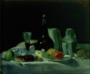 Stilleben - flaska och frukt