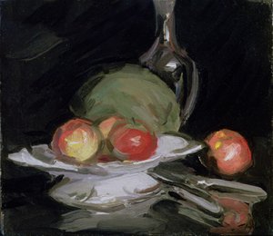 Stillebensskål med frukt, melon och karaff