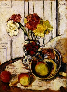 Stilleben av äpplen och nejlikor (olja på panel) av George Leslie Hunter