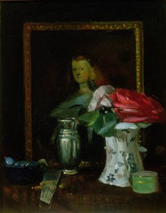 Stilleben av rosor, porträtt, vas och fläkt
