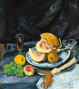 Stilleben med skuren melon, glas och fläkt, ca. 1920