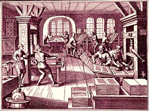 Inuti ett tryckeri, Tyskland 1619 (gravyr)