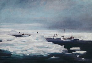 James Caird, Dudley Docker och Stancomb Wills förtöjda vid isflaket i Weddellhavet, april 1916 av George Marston