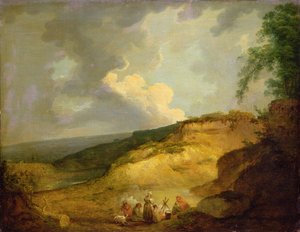 Ett vidsträckt bergslandskap med ett zigenarläger i förgrunden (olja på duk) av George Morland