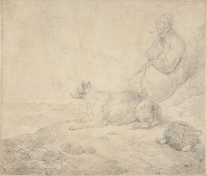 Fiskare och hund sitter vid kusten av George Morland