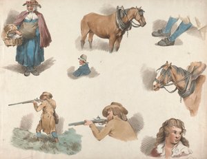 Uppsättning av fem: Åtta studier: Kvinna med korg, Blinkered Cart Horse, etc. av George Morland