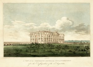 En beskåda av presidenthuset i staden Washington efter eldsvådan den 24 augusti 1814, pub. 1814 av George Moutard Woodward