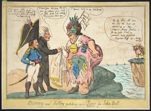 Boney och Talley lappar ihop ett stycke för John Bull, pub. 1806 (handfärgad gravyr)