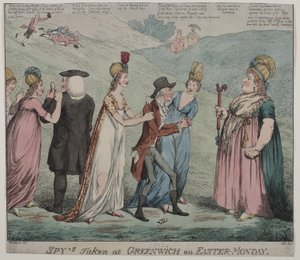 Moder Windsor med fyra av sina kurtisaner beordrar sina flickor att arrestera biskopen av Durham och hertigen av Queensbury, 1798 (färgetsning) av George Moutard Woodward