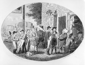 Utanför Old Hats Tavern, graverad av Isaac Cruikshank, 1796