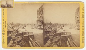Stereograf av kassaskåp tagna från ruiner på Dearborn Street efter Chicago-branden 1871, 1871 (bw-foto på kortfäste) av George N. Barnard