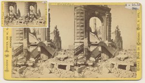 Stereograf av Bryan Block i nordvästra hörnet av Monroe och LaSalle Streets efter Chicago-branden 1871, 1871 (bw-foto på kortfäste) av George N. Barnard