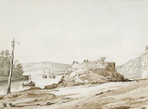 Briton Ferry (sepiatvätt  blyerts på papper) av George Orleans Delamotte