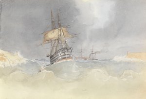 HMS "Trafalgar" seglar in i Maltas hamn efter att ha förlorat roderspetsen i en storm, 9 februari 1852