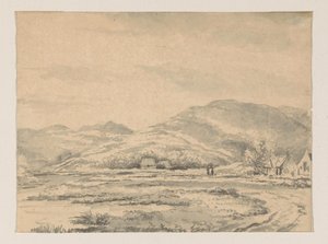 Kuperat landskap med några hus och en flod till vänster av George Pieter Westenberg