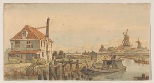 Segla med en båt, ett hus och två väderkvarnar av George Pieter Westenberg