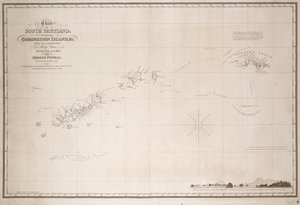 Karta över södra Shetland inklusive Coronation Island, från utforskningen av sloop Dove under åren 1821 och 1822 av George Powell Commander of the same av George Powell