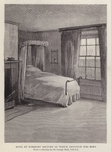 Rum på Somersby Rectory, Lincolnshire, där den engelske poeten Alfred, Lord Tennyson föddes 1809 (litho)