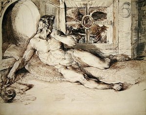 En liggande ungdom skräms av en uggla av George Richmond
