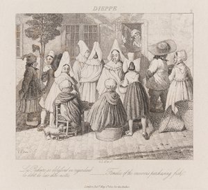 Kvinnor som köper fisk, Dieppe, ca 1821 (etsning)