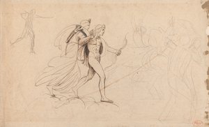 Apollo, Diana och ryttaren i ”Niobes barns död” av George Romney