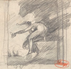 Kvinnofigur knäböjer på en klippa och vinkar av George Romney