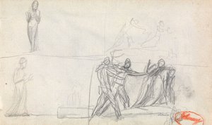 Gruppscen och två skisser av en stående figur av George Romney
