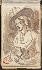Halvfigurporträtt av en dam med hatt av George Romney