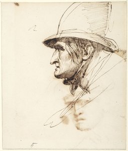 Huvud av en man i profil med en stor hatt av George Romney
