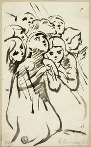 Knäböjande figurer som krams ihop av George Romney