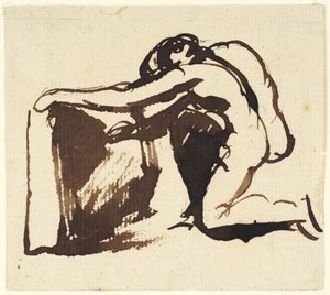 En naken figur som sitter på knä och skriver på en stor tavla av George Romney