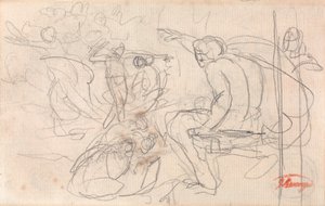 Möjligen sittande figur som uttalar dom över en knäböjande figur av George Romney