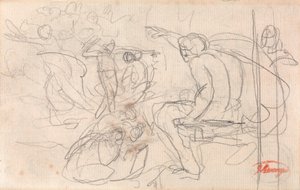 Sittande figur som avkunnar dom över en knästående figur av George Romney