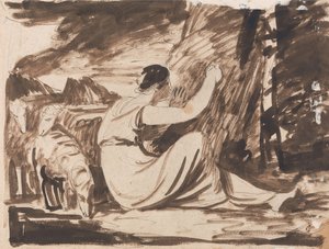 En herdinna som ristar in en inskription på ett träd av George Romney