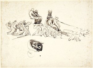 Studier av en stridsvagn med två figurer inuti och andra figurer bakom av George Romney