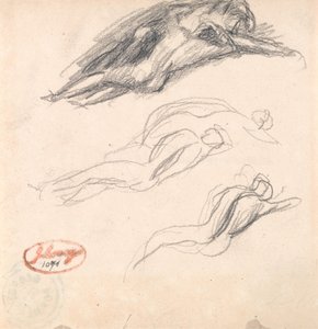 Tre skisser av en sovande figur, troligen Adam och Eva, till verket ”Satan upptäckt vid Evas öra” av George Romney