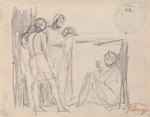 Tre stående figurer framför en sittande figur av George Romney