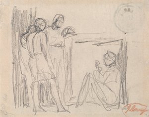 Tre stående figurer framför en sittande figur av George Romney