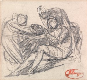 Två figurer hjälper en sittande figur av George Romney