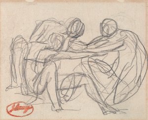 Två knäböjande figurer kämpar med en sittande figur av George Romney