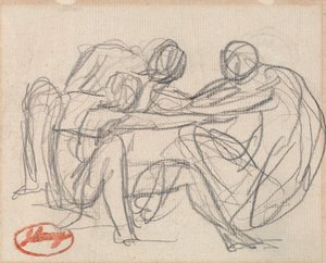 Två knäböjande figurer som brottas med en sittande figur av George Romney