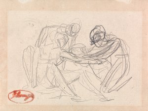 Två knäböjande figurer framför en sittande figur av George Romney