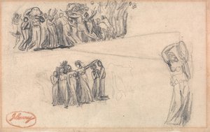 Två skisser av kvinnor och barn på flykt samt en stående kvinnogestalt som spelar tamburin, avsedd för Lady Anne Leveson i ”Dancing Gower Children” av George Romney