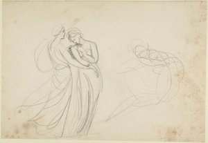Två kvinnogestalter framför en sittande person, studie till ”Två unga kvinnor som rådfrågar en spåkvinn av George Romney