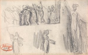 Kvinnor och barn flyr samt tre skisser av en stående kvinnofigur av George Romney
